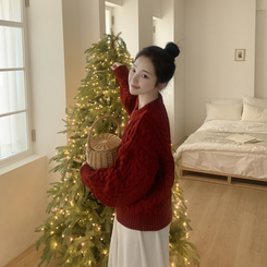 ケーブルラウンドバルーンニット RED