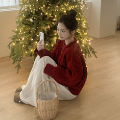 ケーブルラウンドバルーンニット RED