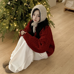 ケーブルラウンドバルーンニット RED