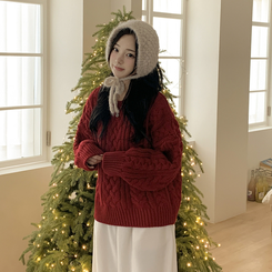 ケーブルラウンドバルーンニット RED