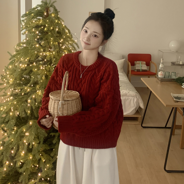 ケーブルラウンドバルーンニット RED