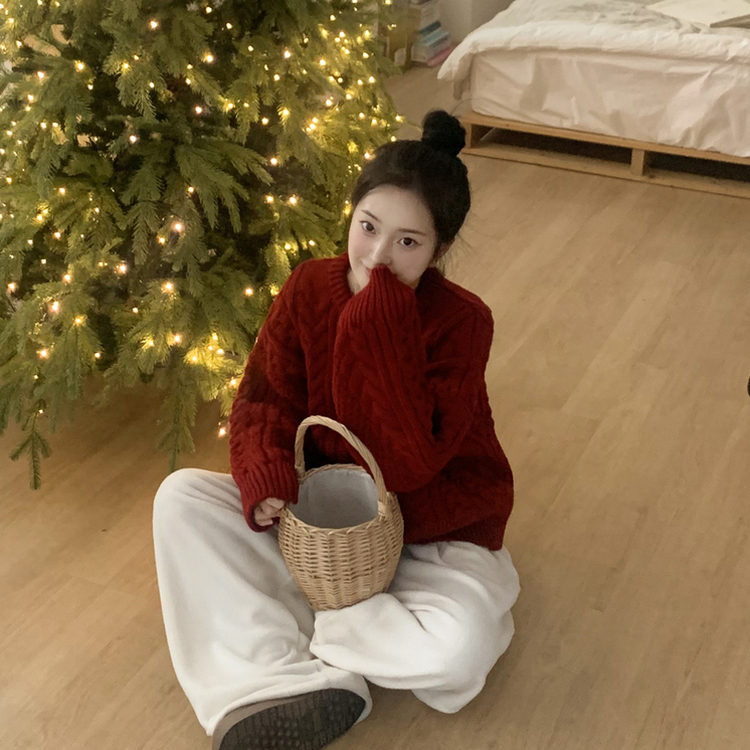 ケーブルラウンドバルーンニット RED