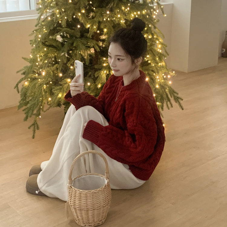 ケーブルラウンドバルーンニット RED