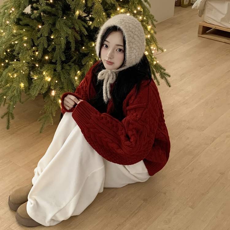 ケーブルラウンドバルーンニット RED