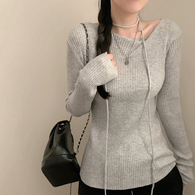 【タイ付き】ワンオフリブニットTシャツ GREY