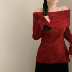 アンゴラリブオフショルダーニット RED