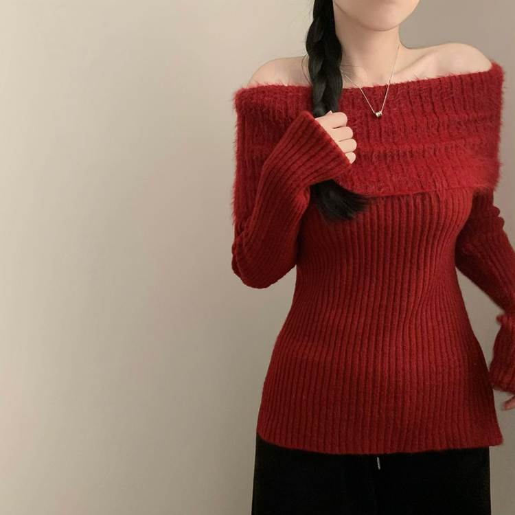 アンゴラリブオフショルダーニット RED