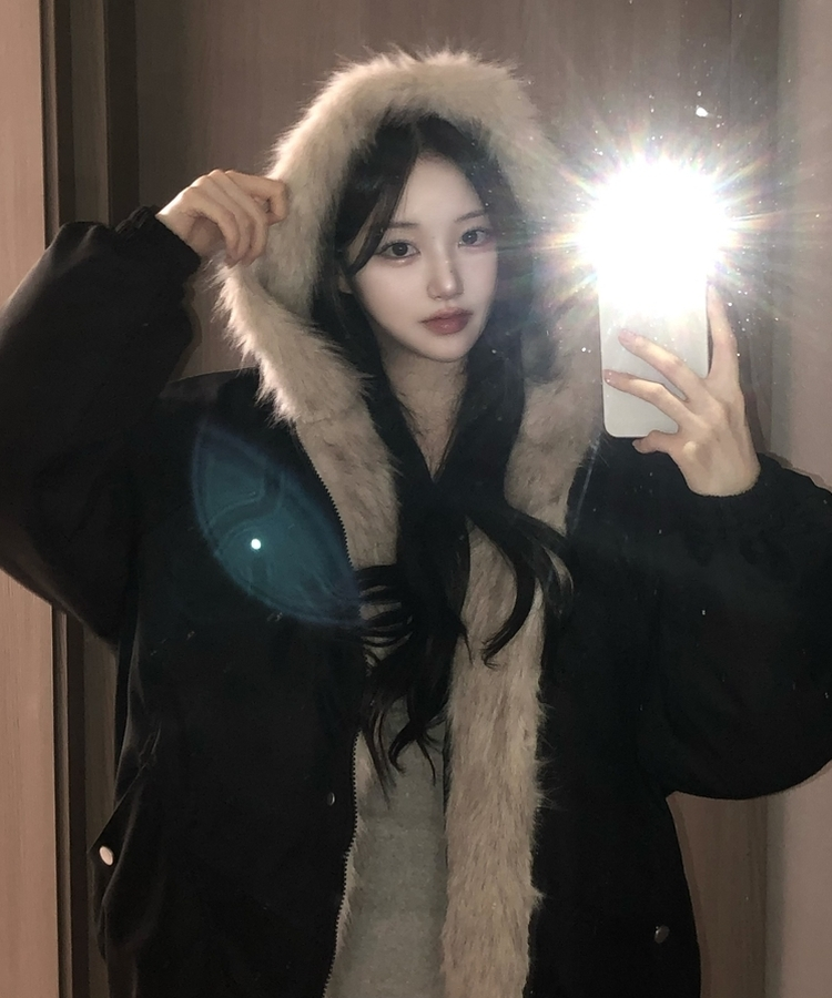 フロムファーフードボタンミリタリーダウン BLACK