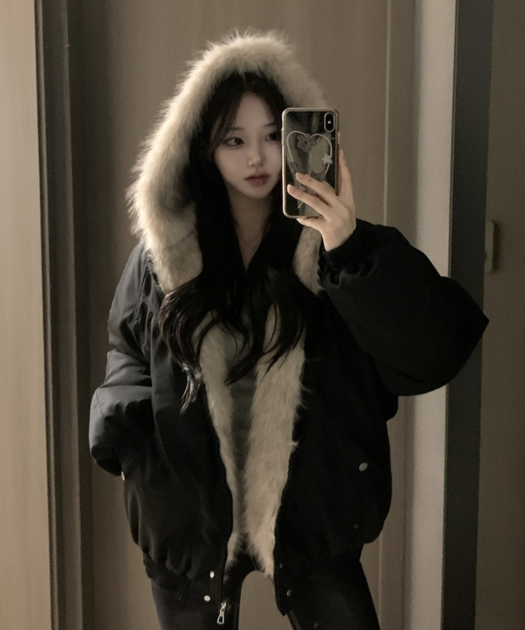 フロムファーフードボタンミリタリーダウン BLACK