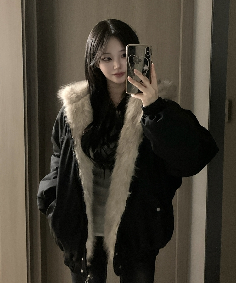 フロムファーフードボタンミリタリーダウン BLACK