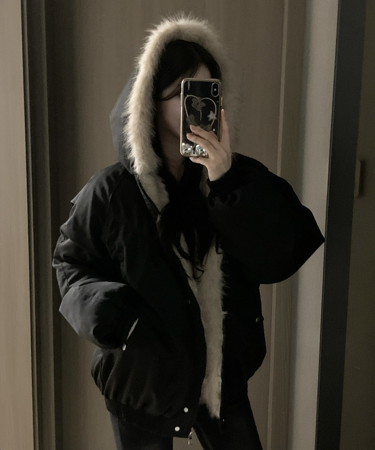 フロムファーフードボタンミリタリーダウン BLACK