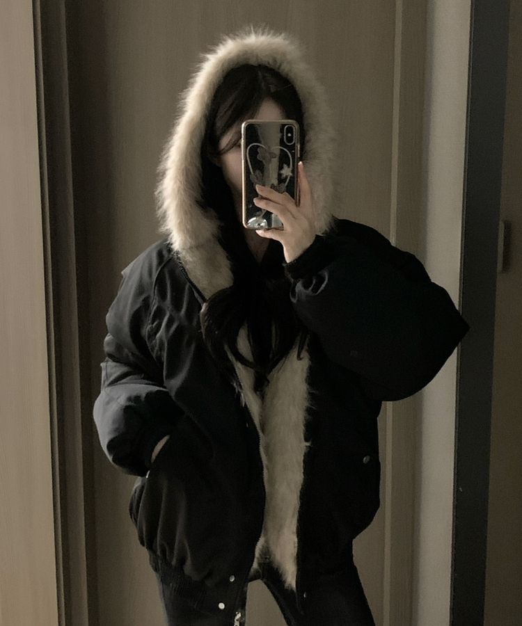 フロムファーフードボタンミリタリーダウン BLACK