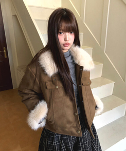 スエードキルティングバックルハイネックファージャケット BROWN