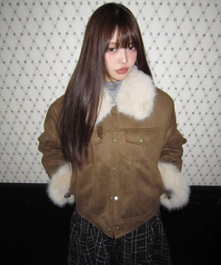 スエードキルティングバックルハイネックファージャケット BROWN