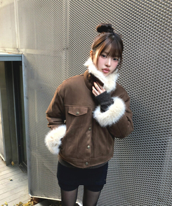 スエードキルティングバックルハイネックファージャケット KHAKI BROWN