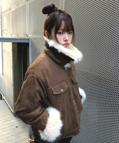 スエードキルティングバックルハイネックファージャケット KHAKI BROWN