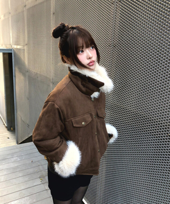 スエードキルティングバックルハイネックファージャケット KHAKI BROWN