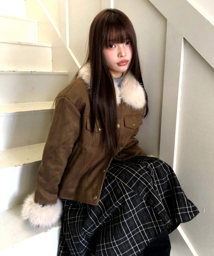 スエードキルティングバックルハイネックファージャケット BROWN