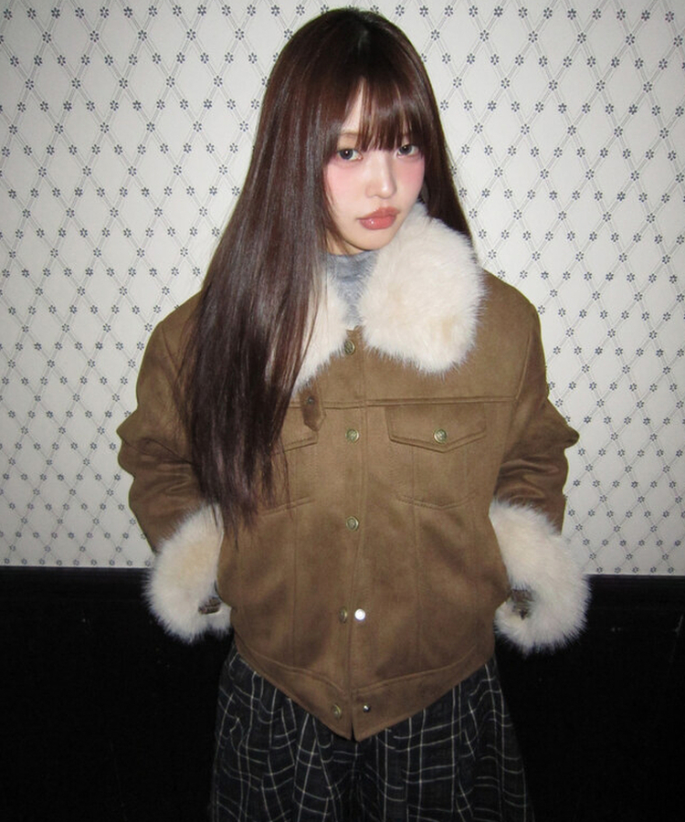 スエードキルティングバックルハイネックファージャケット BROWN