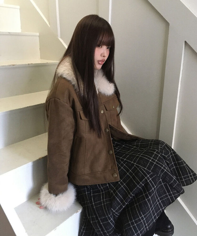 スエードキルティングバックルハイネックファージャケット BROWN