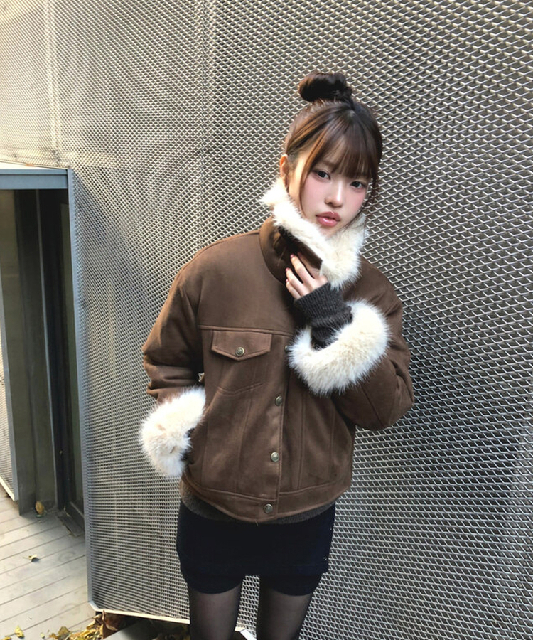 スエードキルティングバックルハイネックファージャケット KHAKI BROWN