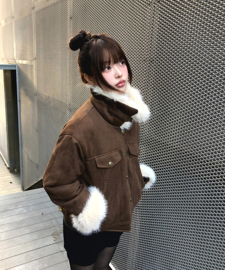 スエードキルティングバックルハイネックファージャケット KHAKI BROWN