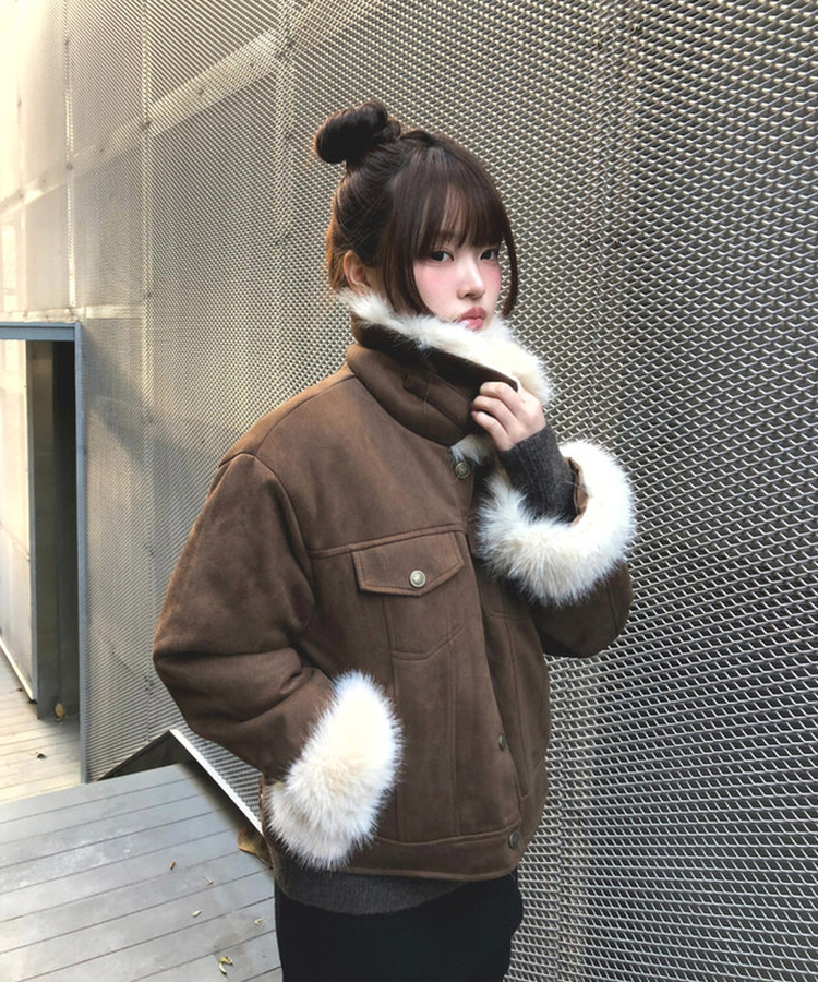 スエードキルティングバックルハイネックファージャケット KHAKI BROWN