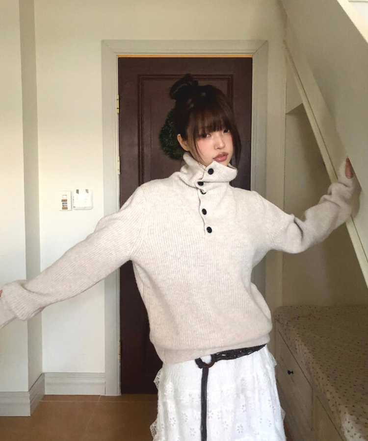 タートルネックボタンニット BEIGE