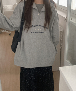 フリース刺繍ハーフジップアップフード GREY