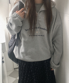 フリース刺繍ハーフジップアップフード GREY