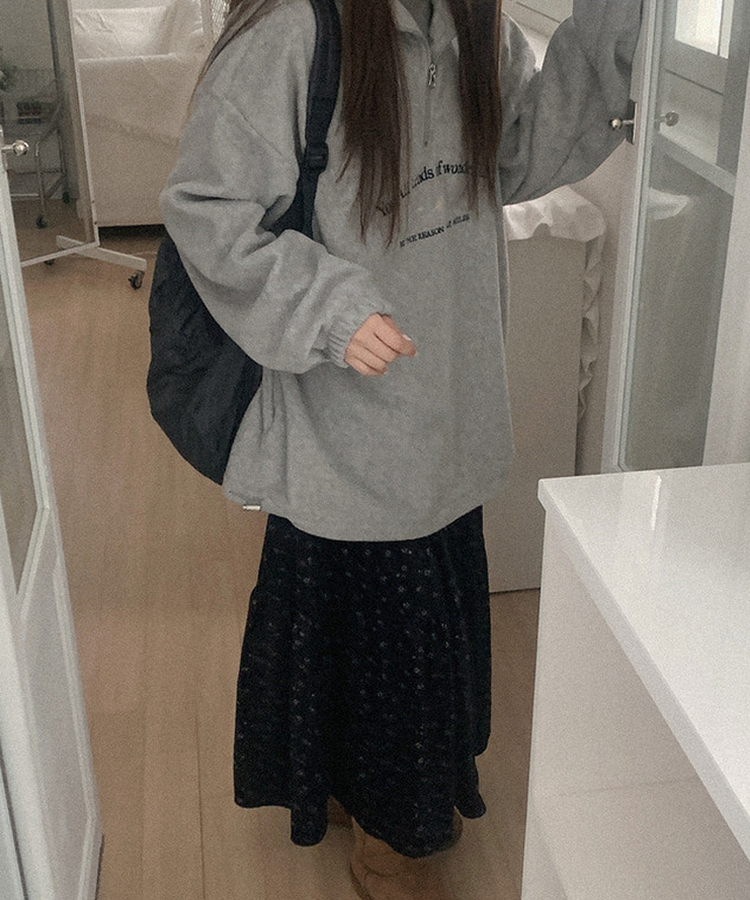 フリース刺繍ハーフジップアップフード GREY