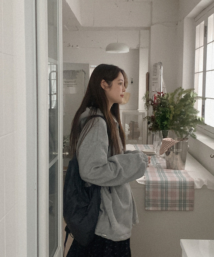 フリース刺繍ハーフジップアップフード GREY