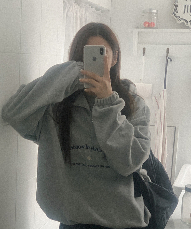 フリース刺繍ハーフジップアップフード GREY