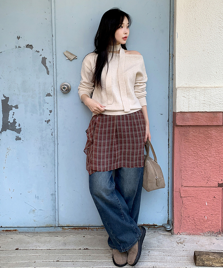 フレアチェックシフォンスカート BURGUNDY