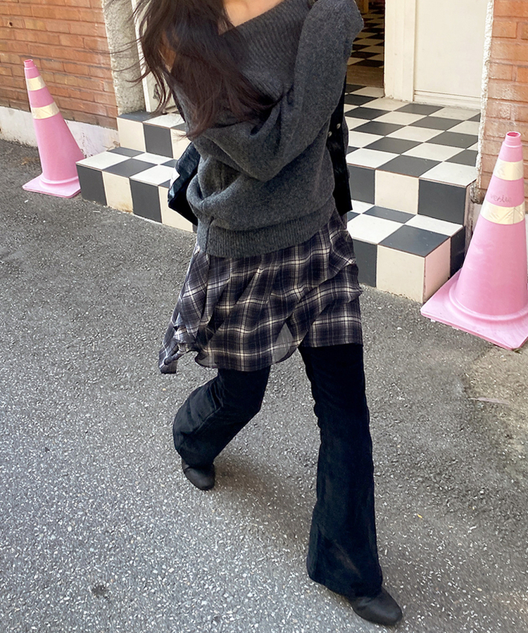 フレアチェックシフォンスカート BLACK