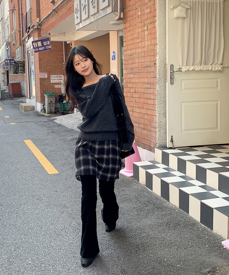 フレアチェックシフォンスカート BLACK