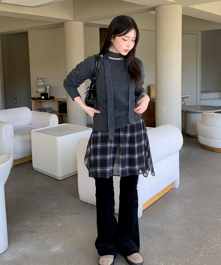 フレアチェックシフォンスカート BLACK