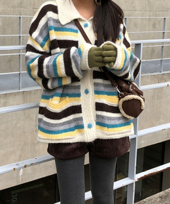 ストライプカラーニットカーディガン IVORY