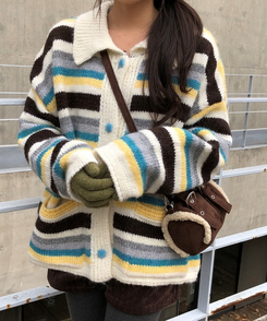 ストライプカラーニットカーディガン IVORY