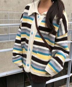 ストライプカラーニットカーディガン IVORY