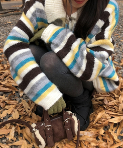 ストライプカラーニットカーディガン IVORY