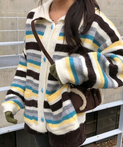 ストライプカラーニットカーディガン IVORY