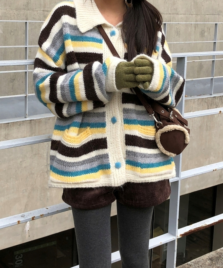 ストライプカラーニットカーディガン IVORY