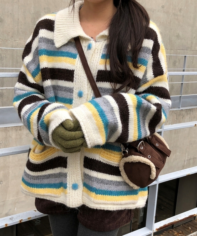 ストライプカラーニットカーディガン IVORY