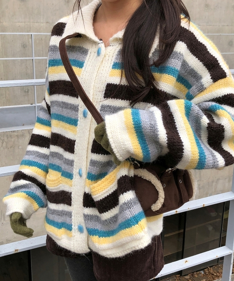 ストライプカラーニットカーディガン IVORY