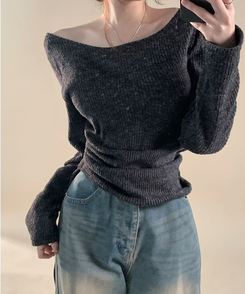 厚手シャーリングスリムニットTシャツ GREY