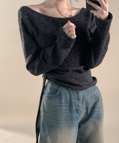 厚手シャーリングスリムニットTシャツ GREY