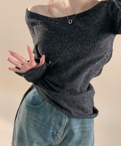 厚手シャーリングスリムニットTシャツ GREY