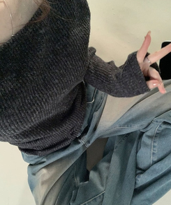 厚手シャーリングスリムニットTシャツ GREY