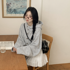 厚手ハイネックフードボタンカーディガン BLUE GRAY